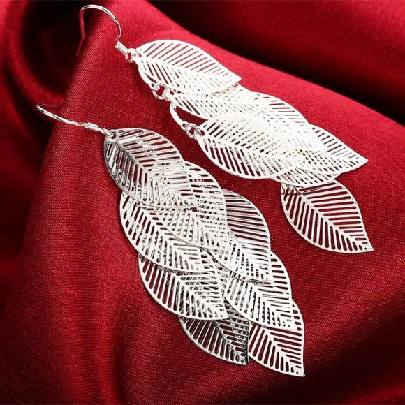 Fine Silver Jewelry - Gorgeous Hanging Leaf's .925 Sterling Silver 3 Inch Hypoallergenic Hook Earrings